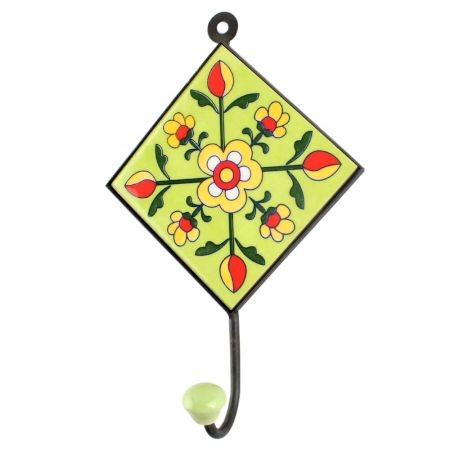 Tiny Flower Ceramic Tile Wall Hook in Pea Green